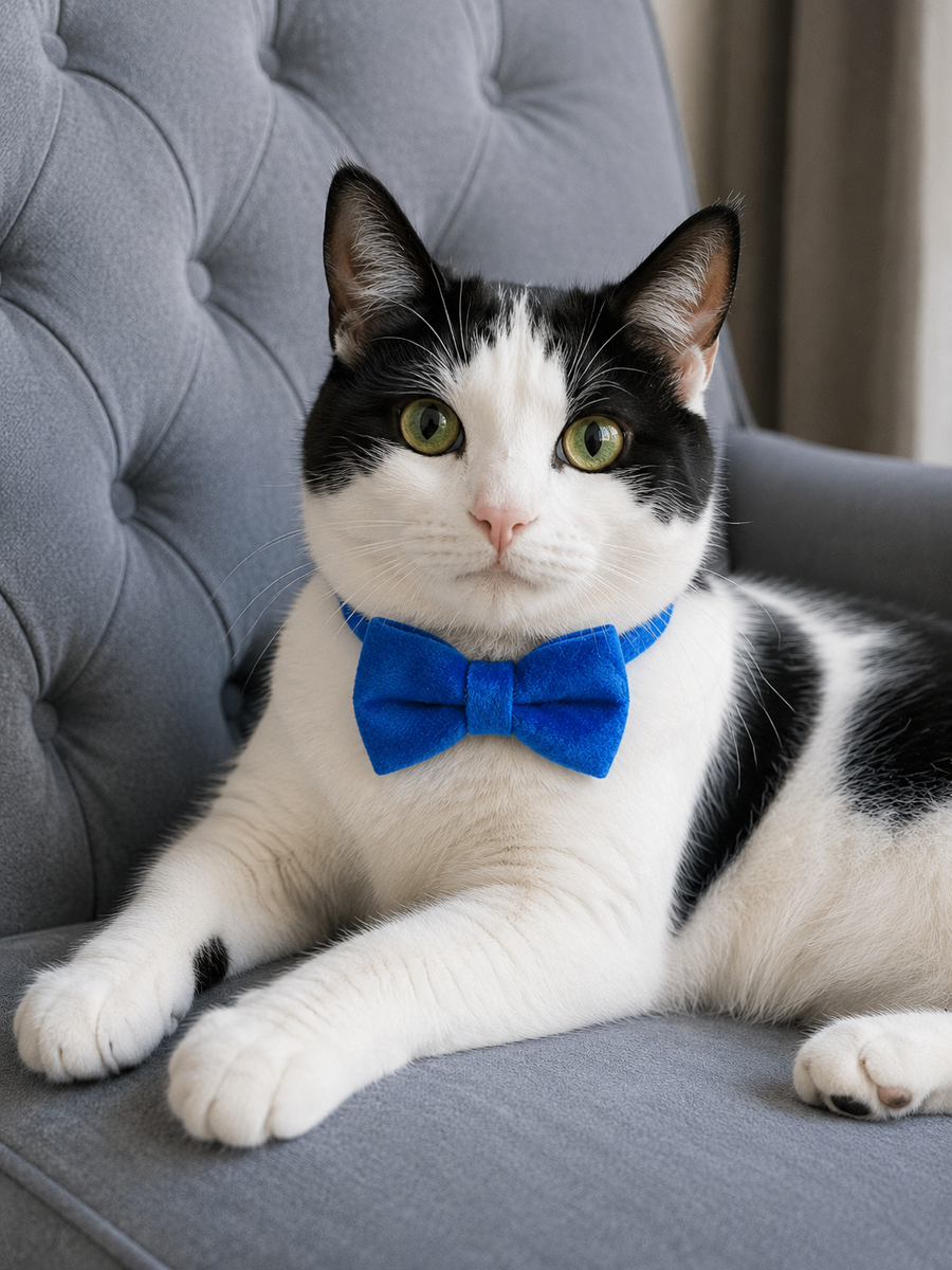 Collier avec nœud papillon pour Chat en Velours Bleu - Miniature 7